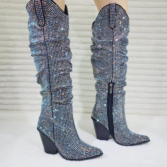 Cape Robbin Shoes - Cape Robbin Diamond Rider Rhinestone Glamour Western Slouch Draped Knee Boots